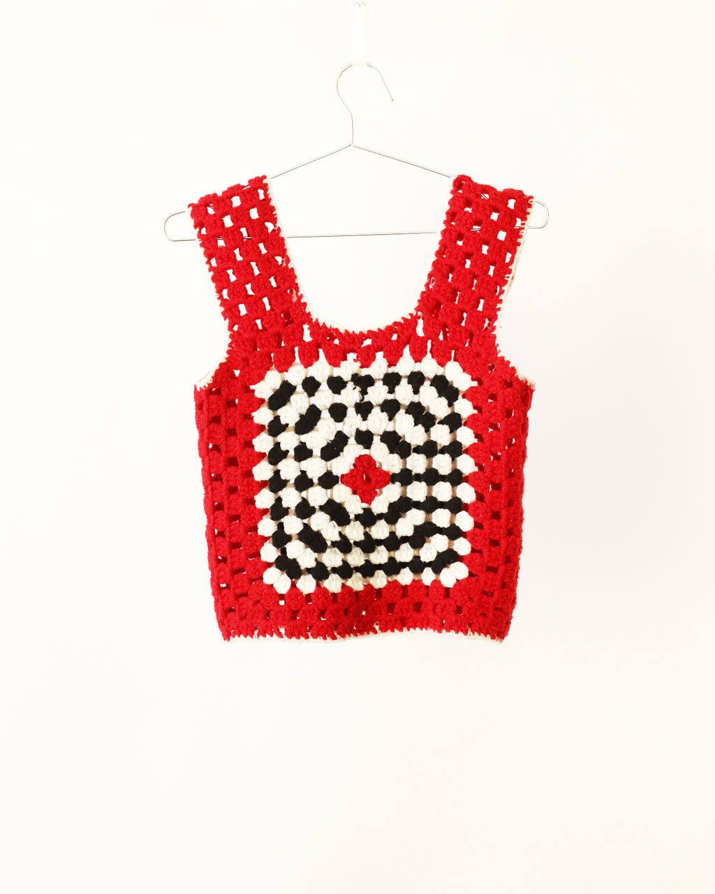 Women's Hand Knit Square Bullseye Red White Black Top Size S